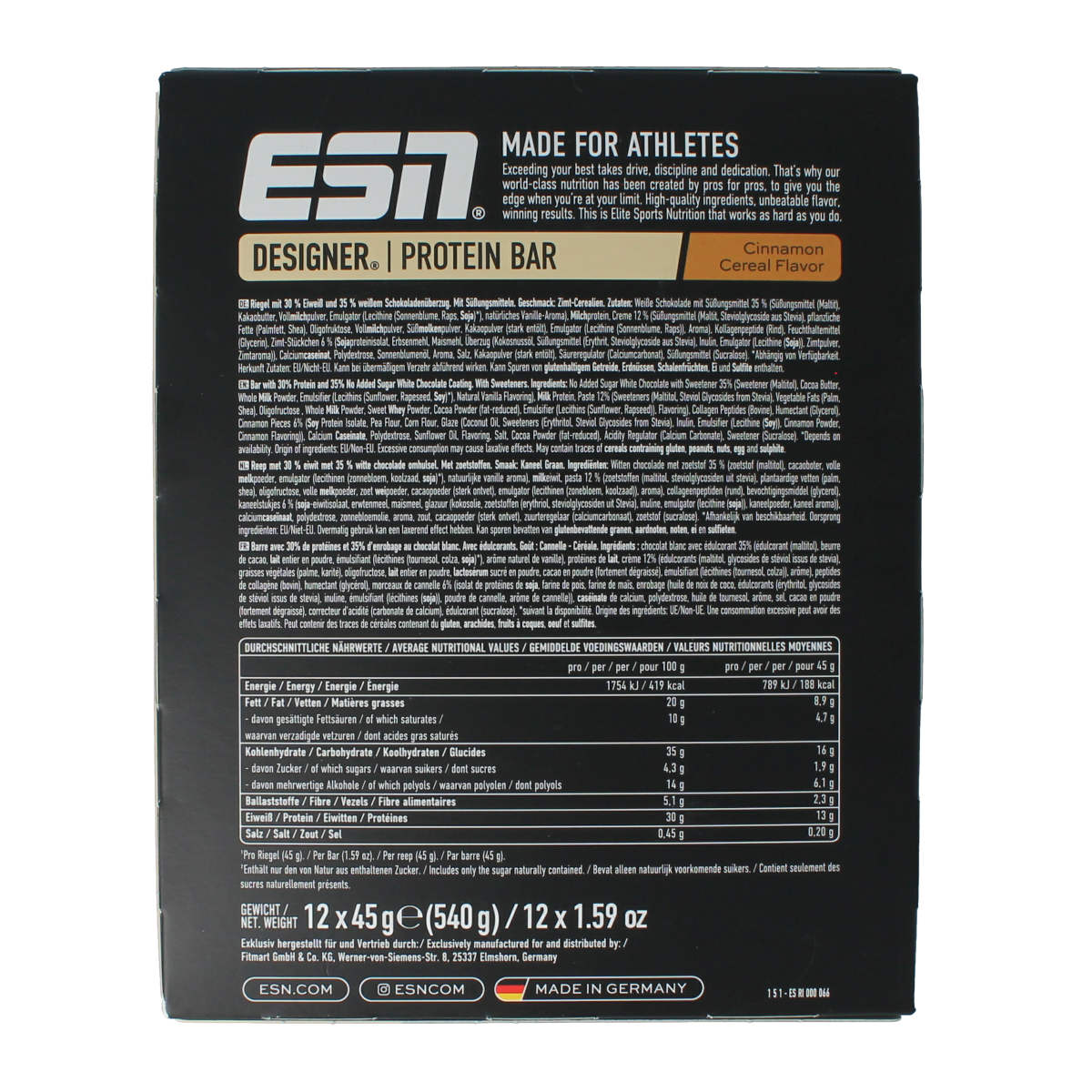 ESN Cinnamon cereal bar 45g 12.00 Stuks
