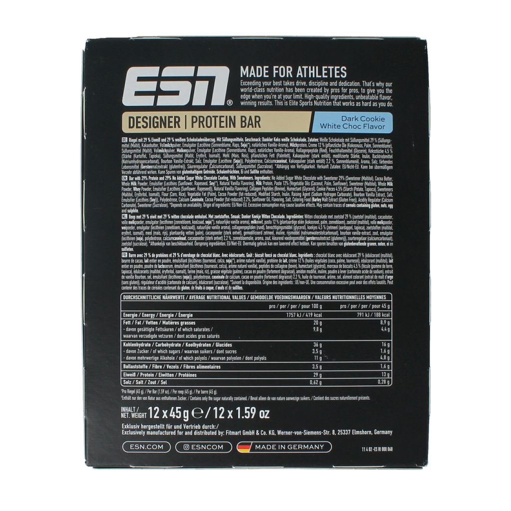 ESN Dark cookie white chocolate bar 45g 12.00 Stuks