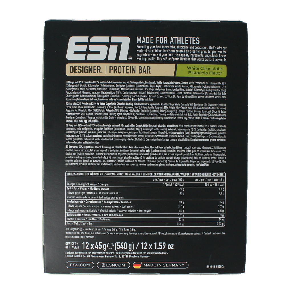 ESN White chocolate pistache bar 45g 12.00 Stuks