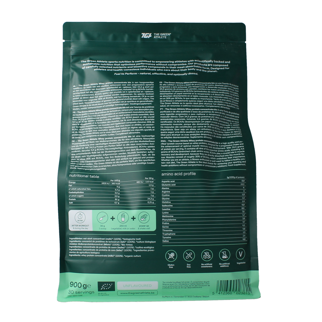 The Green Athlete Whey protein concentrate unflavoured bio 900.00 Gram