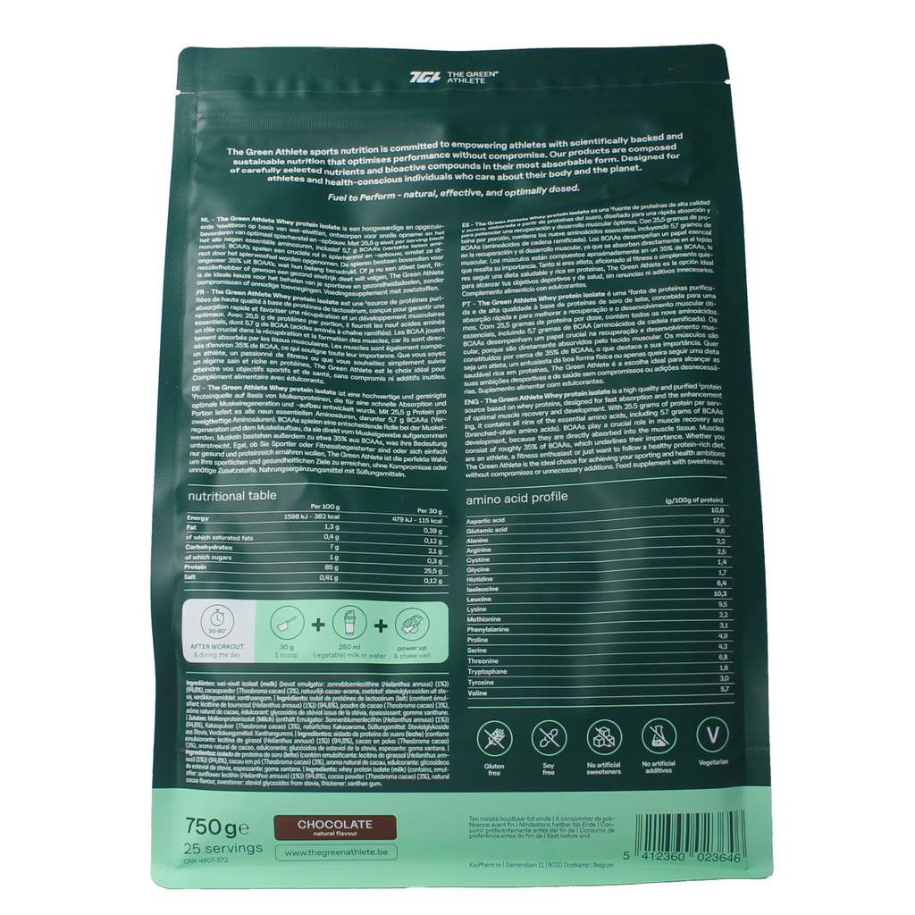 The Green Athlete Whey protein isolate chocolate 750.00 Gram